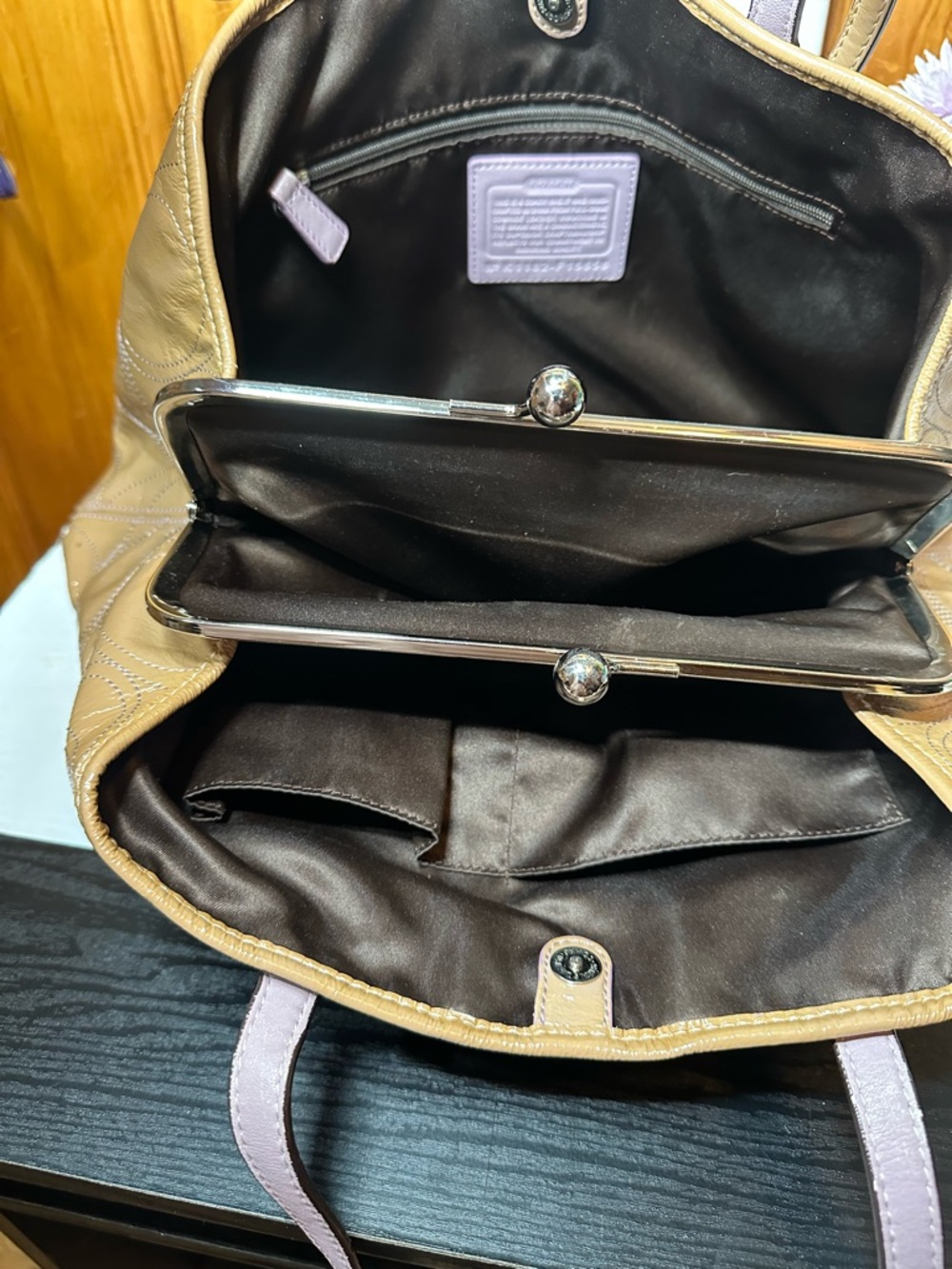 Coach Beige Patent Leather Tote with Signature Stitching - Picture 9 of 16